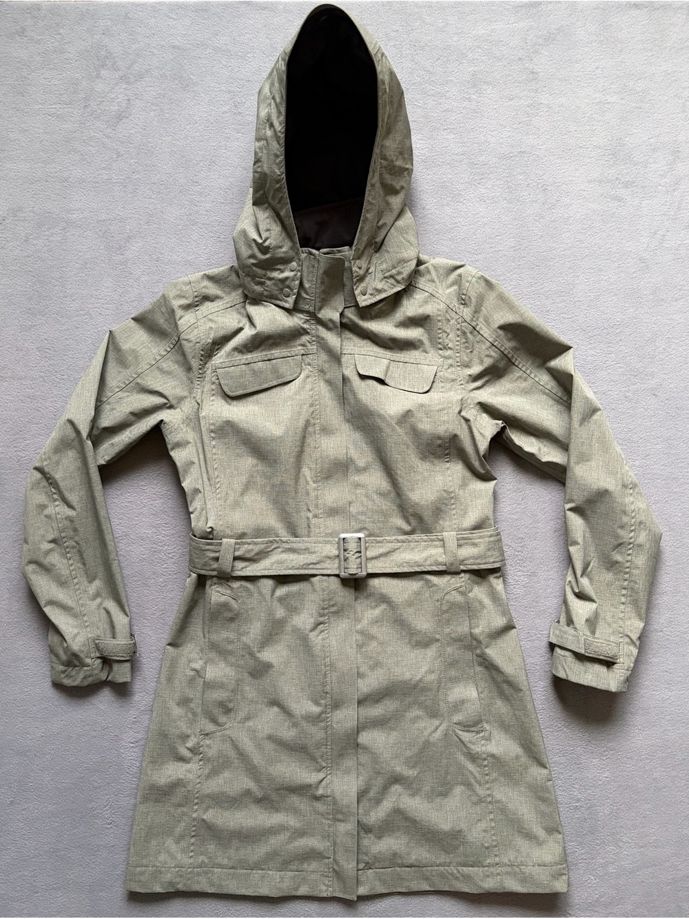 REI La Selva Hooded Rain Jacket/Belted Trench Coat - Light Olive Green